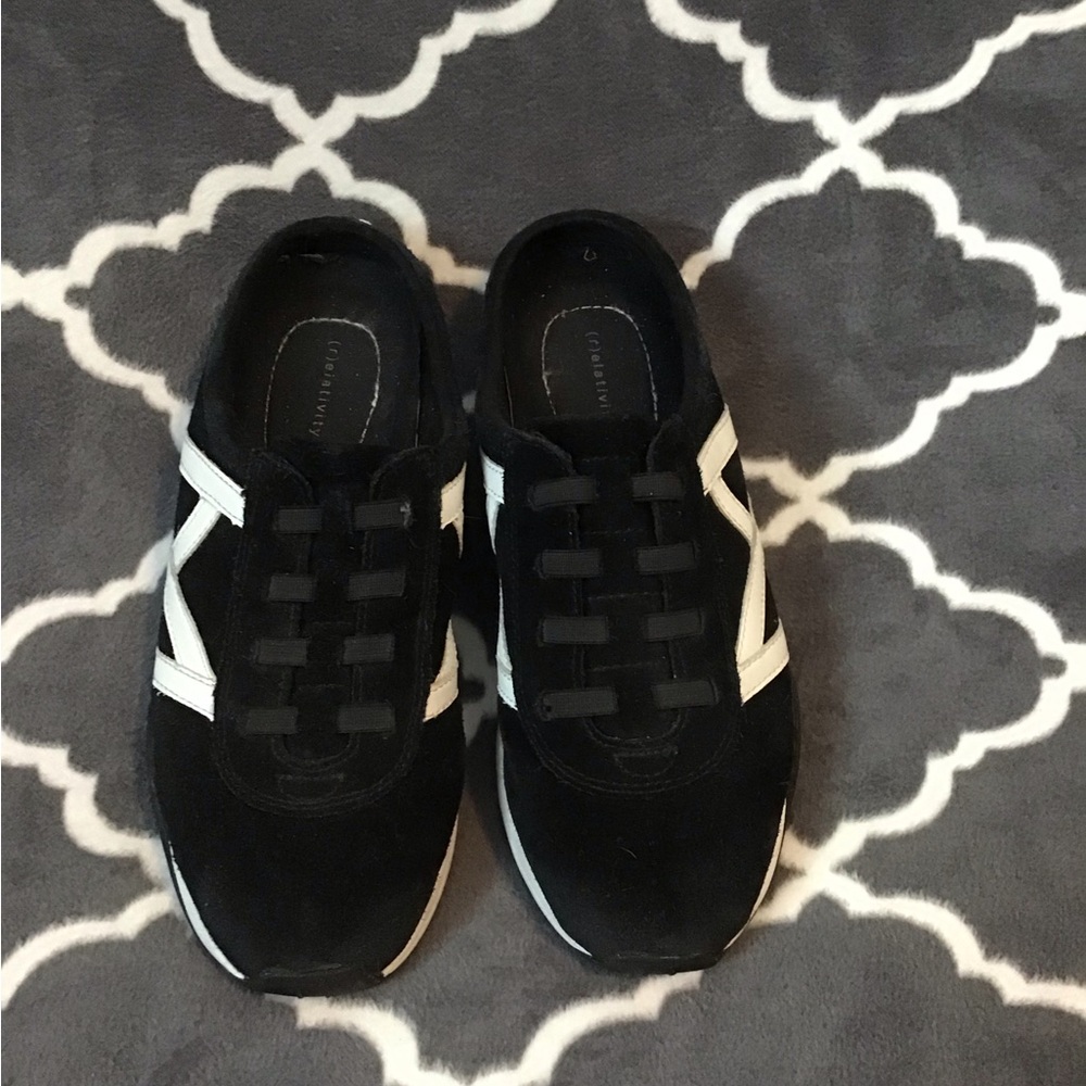 Relativity Black and White Suede Mules with White Accent 8M